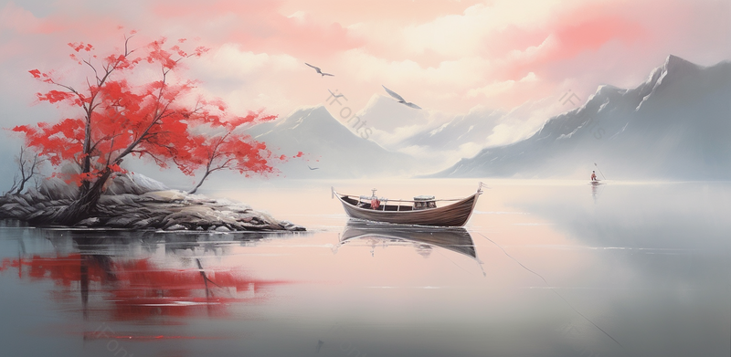 唯美清晨湖面倒影晚秋中国风意境山水画背景,插画/手绘图,插画/手绘图库,插画/手绘图下载,插画/手绘